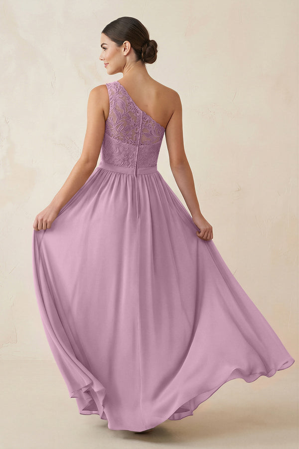 One - Shoulder Lace Chiffon A - Line Bridesmaid Dress in Wisteria - KissProm Bridesmaid Dresses