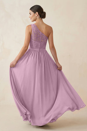 One - Shoulder Lace Chiffon A - Line Bridesmaid Dress in Wisteria - KissProm Bridesmaid Dresses
