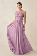 One - Shoulder Lace Chiffon A - Line Bridesmaid Dress in Wisteria - KissProm Bridesmaid Dresses