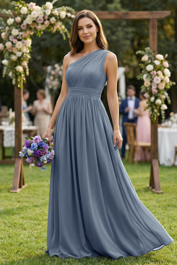 One - Shoulder Pleated A - Line Chiffon Bridesmaid Dress - KissProm Bridesmaid Dresses