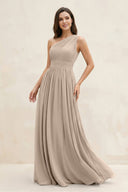 One - Shoulder Pleated A - Line Chiffon Bridesmaid Dress in Almond - KissProm Bridesmaid Dresses