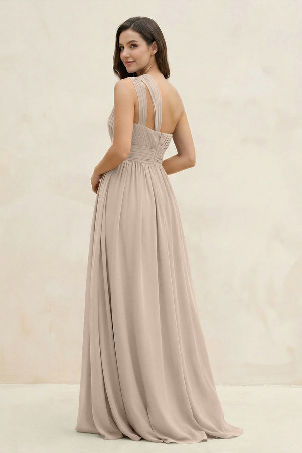 One - Shoulder Pleated A - Line Chiffon Bridesmaid Dress in Almond - KissProm Bridesmaid Dresses