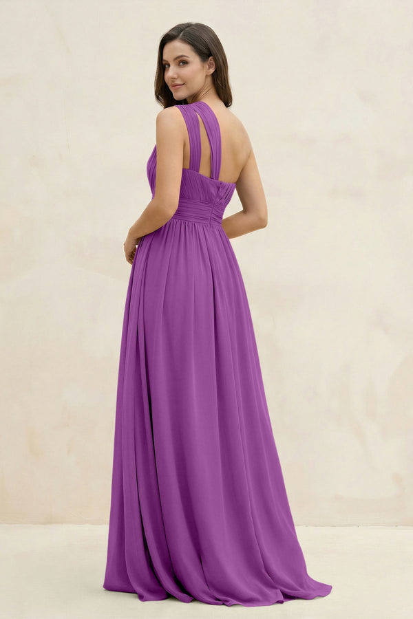 One - Shoulder Pleated A - Line Chiffon Bridesmaid Dress in Amethyst - KissProm Bridesmaid Dresses
