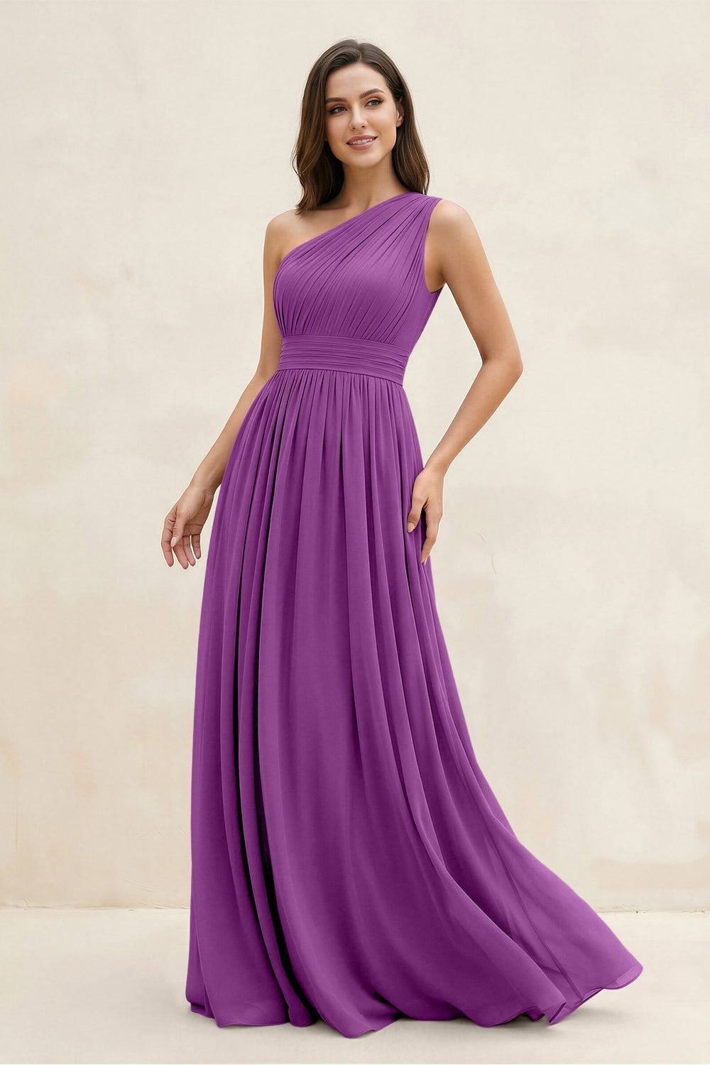One - Shoulder Pleated A - Line Chiffon Bridesmaid Dress in Amethyst - KissProm Bridesmaid Dresses