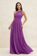 One - Shoulder Pleated A - Line Chiffon Bridesmaid Dress in Amethyst - KissProm Bridesmaid Dresses