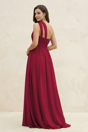 One - Shoulder Pleated A - Line Chiffon Bridesmaid Dress in Berry - KissProm Bridesmaid Dresses