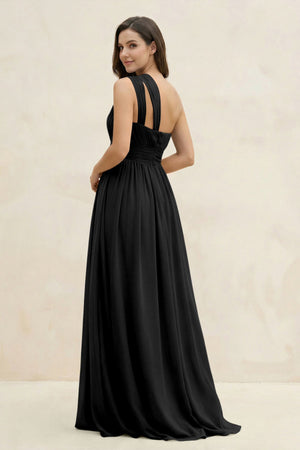 One - Shoulder Pleated A - Line Chiffon Bridesmaid Dress in Black - KissProm Bridesmaid Dresses