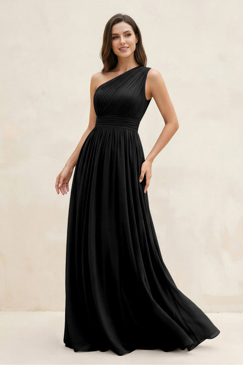 One - Shoulder Pleated A - Line Chiffon Bridesmaid Dress in Black - KissProm Bridesmaid Dresses