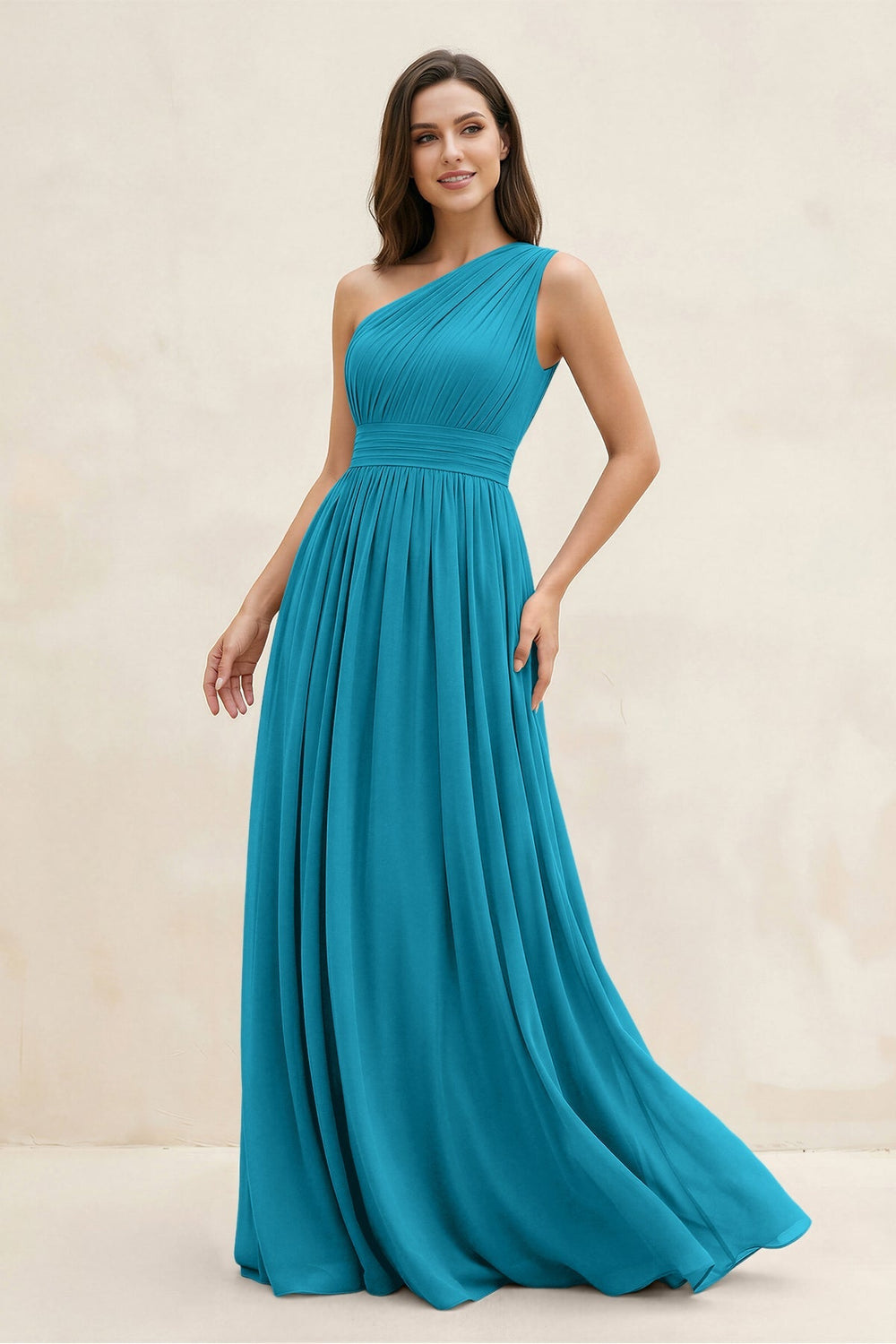 One - Shoulder Pleated A - Line Chiffon Bridesmaid Dress in Blue Jay - KissProm Bridesmaid Dresses