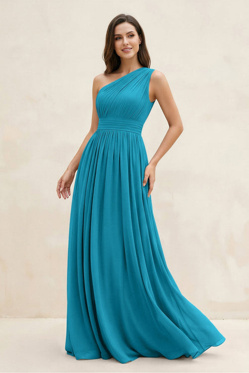 One - Shoulder Pleated A - Line Chiffon Bridesmaid Dress in Blue Jay - KissProm Bridesmaid Dresses