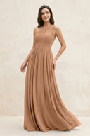 One - Shoulder Pleated A - Line Chiffon Bridesmaid Dress in Bronzer - KissProm Bridesmaid Dresses