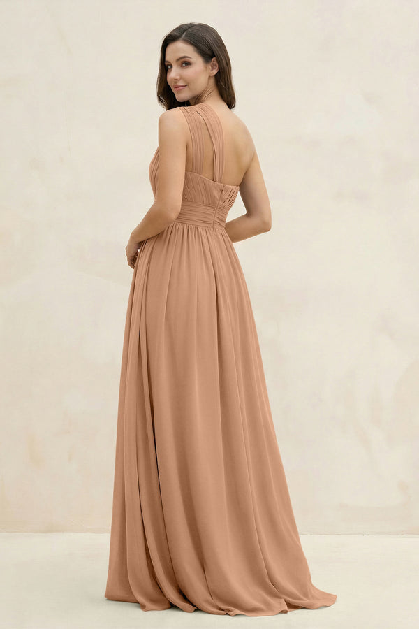 One - Shoulder Pleated A - Line Chiffon Bridesmaid Dress in Bronzer - KissProm Bridesmaid Dresses