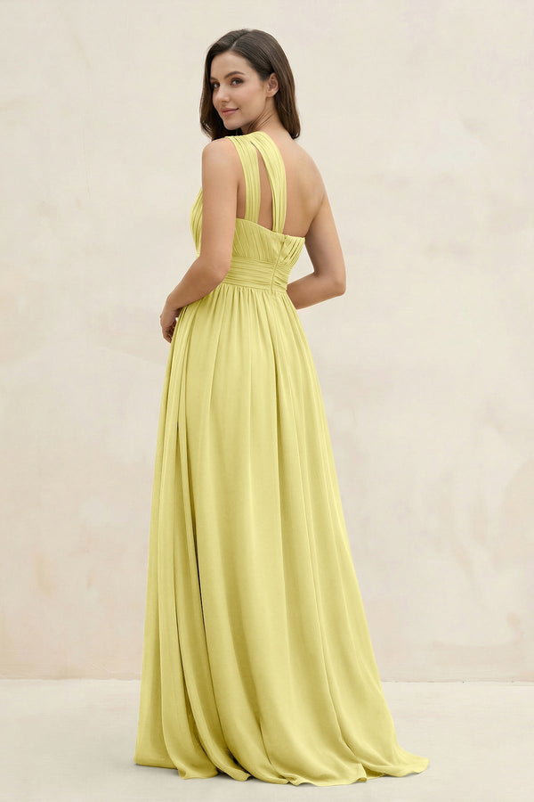 One - Shoulder Pleated A - Line Chiffon Bridesmaid Dress in Buttercup - KissProm Bridesmaid Dresses