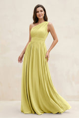 One - Shoulder Pleated A - Line Chiffon Bridesmaid Dress in Buttercup - KissProm Bridesmaid Dresses