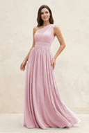 One - Shoulder Pleated A - Line Chiffon Bridesmaid Dress in Candy Pink - KissProm Bridesmaid Dresses