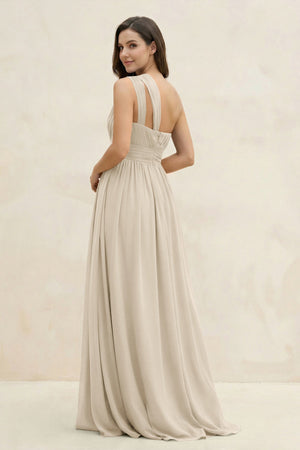 One - Shoulder Pleated A - Line Chiffon Bridesmaid Dress in Champagne - KissProm Bridesmaid Dresses