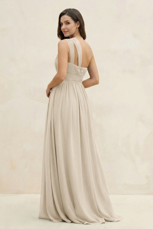 One - Shoulder Pleated A - Line Chiffon Bridesmaid Dress in Champagne - KissProm Bridesmaid Dresses
