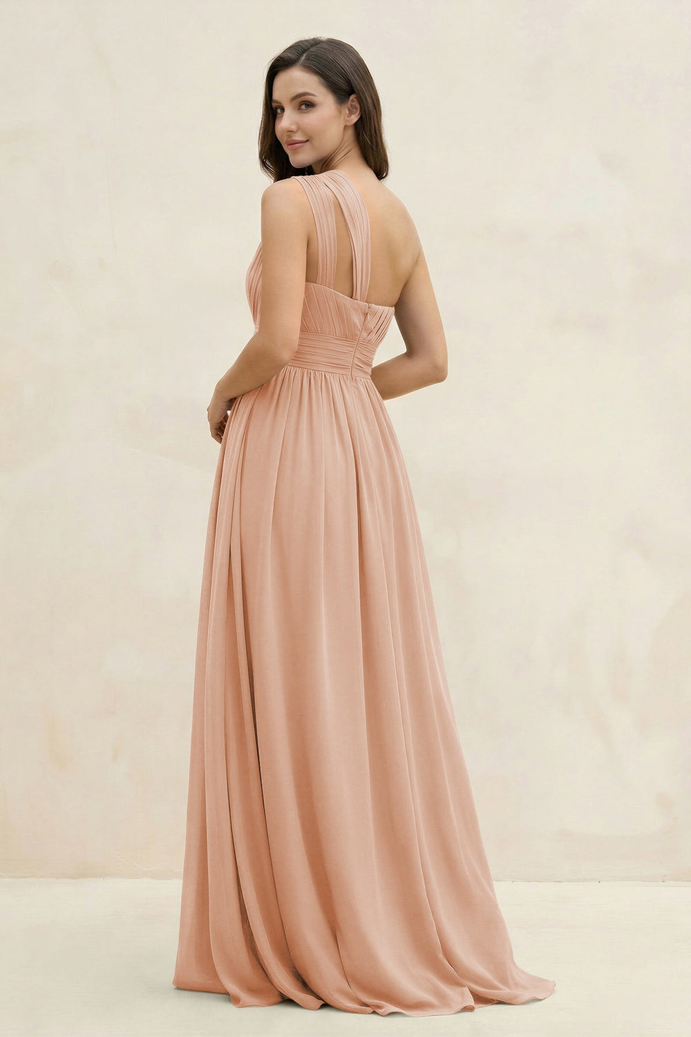 One - Shoulder Pleated A - Line Chiffon Bridesmaid Dress in Champagne Rose - KissProm Bridesmaid Dresses