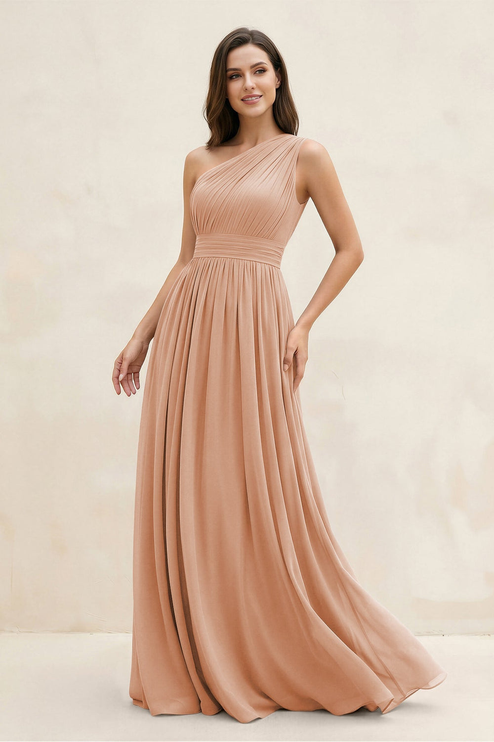 One - Shoulder Pleated A - Line Chiffon Bridesmaid Dress in Champagne Rose - KissProm Bridesmaid Dresses