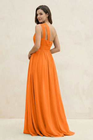 One - Shoulder Pleated A - Line Chiffon Bridesmaid Dress in Cinnamon - KissProm Bridesmaid Dresses