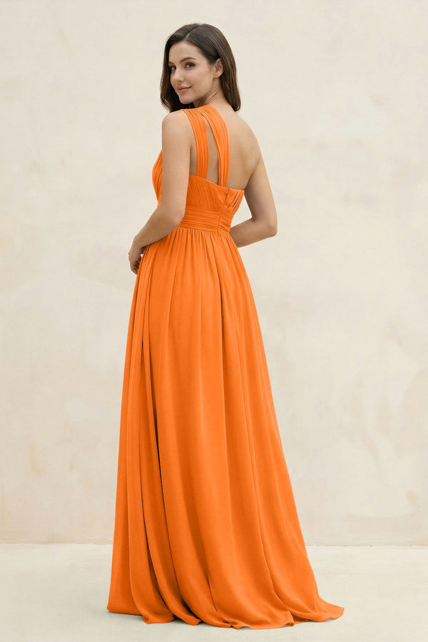 One - Shoulder Pleated A - Line Chiffon Bridesmaid Dress in Cinnamon - KissProm Bridesmaid Dresses
