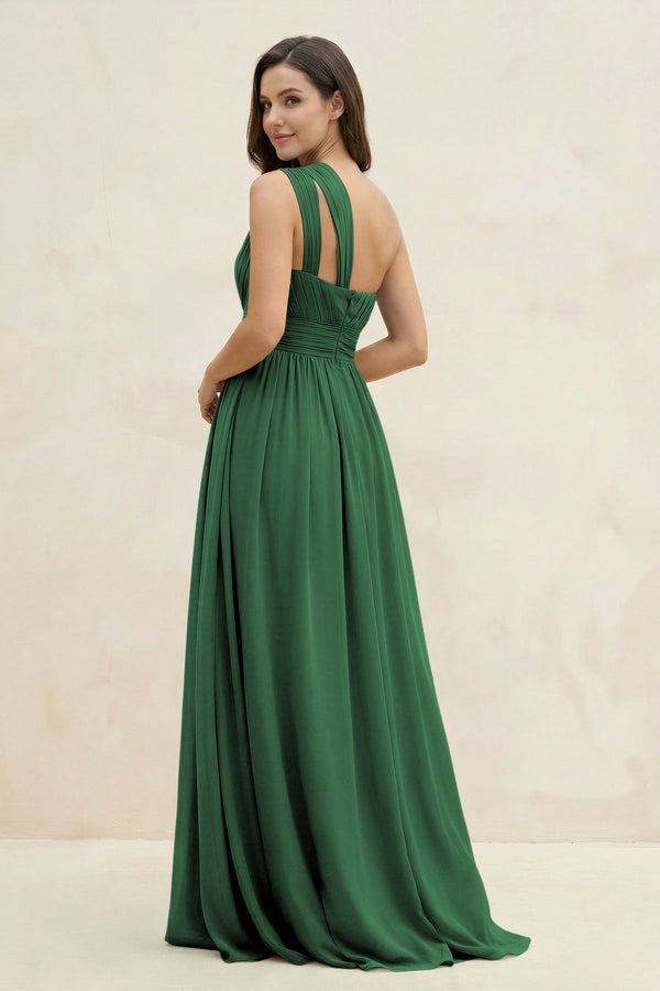 One - Shoulder Pleated A - Line Chiffon Bridesmaid Dress in Dark Green - KissProm Bridesmaid Dresses