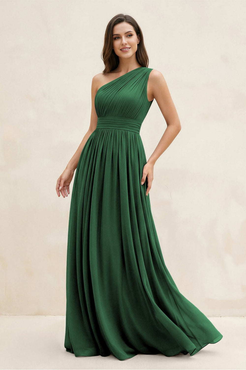 One - Shoulder Pleated A - Line Chiffon Bridesmaid Dress in Dark Green - KissProm Bridesmaid Dresses