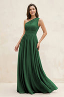 One - Shoulder Pleated A - Line Chiffon Bridesmaid Dress in Dark Green - KissProm Bridesmaid Dresses