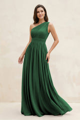One - Shoulder Pleated A - Line Chiffon Bridesmaid Dress in Dark Green - KissProm Bridesmaid Dresses