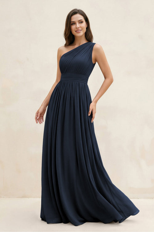 One - Shoulder Pleated A - Line Chiffon Bridesmaid Dress in Dark Navy - KissProm Bridesmaid Dresses