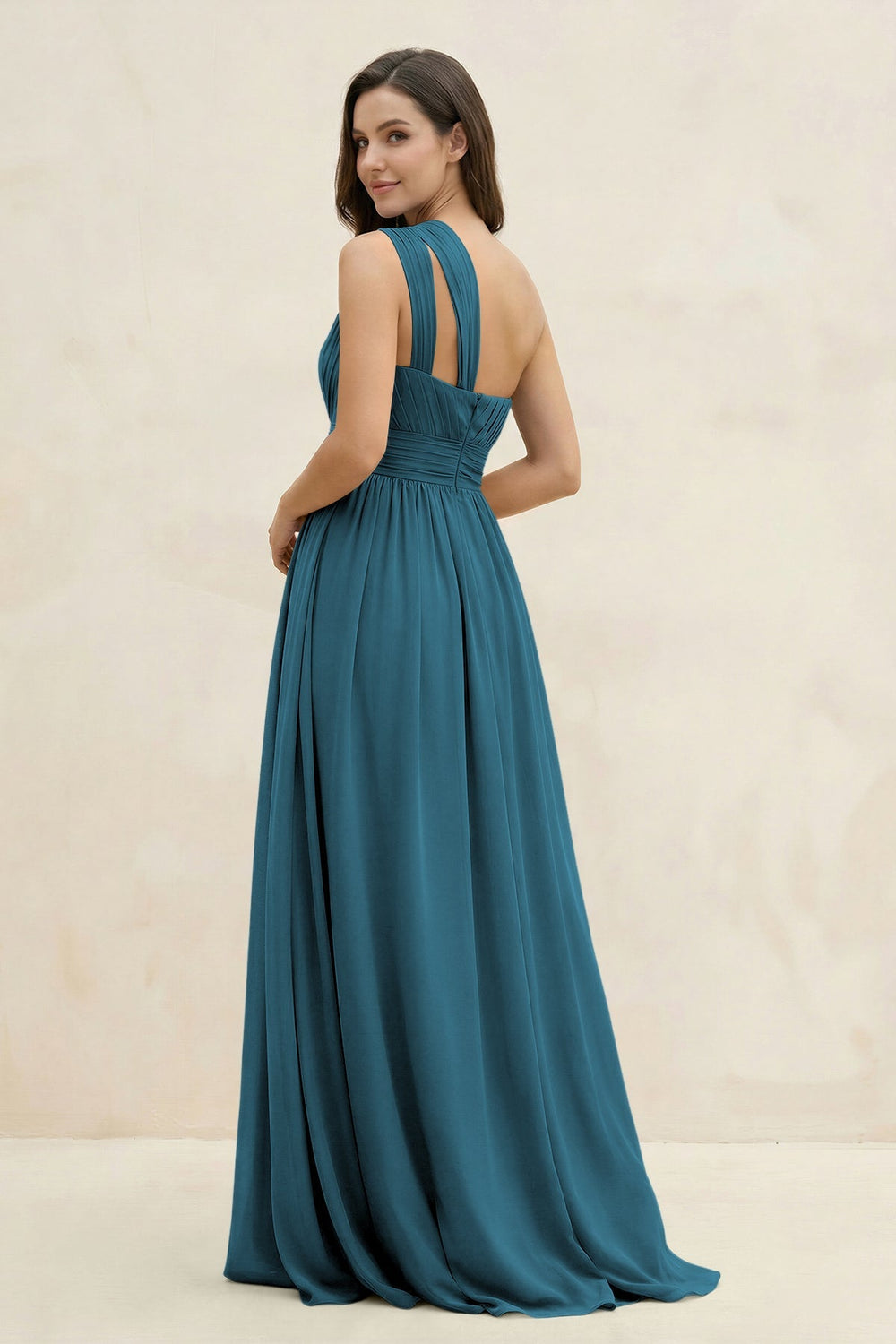One - Shoulder Pleated A - Line Chiffon Bridesmaid Dress in Dark Teal - KissProm Bridesmaid Dresses