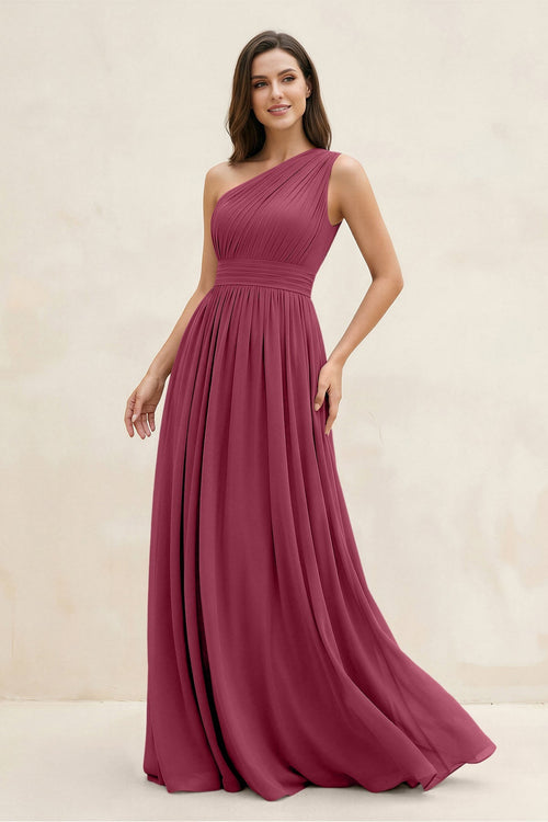 One - Shoulder Pleated A - Line Chiffon Bridesmaid Dress in Desert Rose - KissProm Bridesmaid Dresses