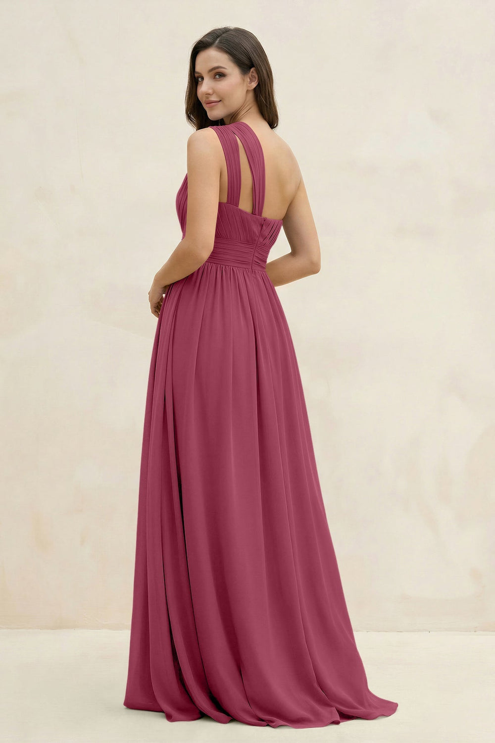 One - Shoulder Pleated A - Line Chiffon Bridesmaid Dress in Desert Rose - KissProm Bridesmaid Dresses