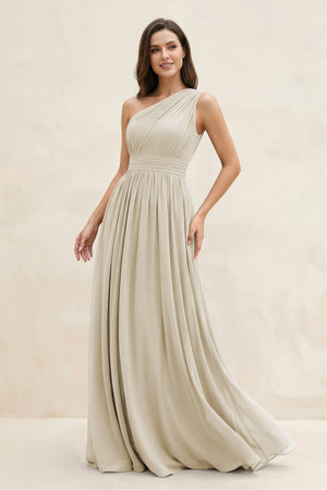 One - Shoulder Pleated A - Line Chiffon Bridesmaid Dress in Dove Gray - KissProm Bridesmaid Dresses