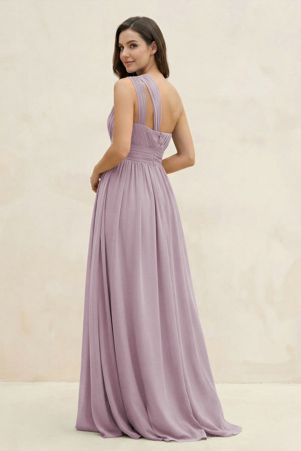 One - Shoulder Pleated A - Line Chiffon Bridesmaid Dress in Dusk - KissProm Bridesmaid Dresses