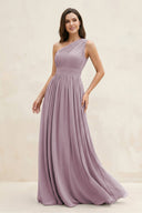 One - Shoulder Pleated A - Line Chiffon Bridesmaid Dress in Dusk - KissProm Bridesmaid Dresses