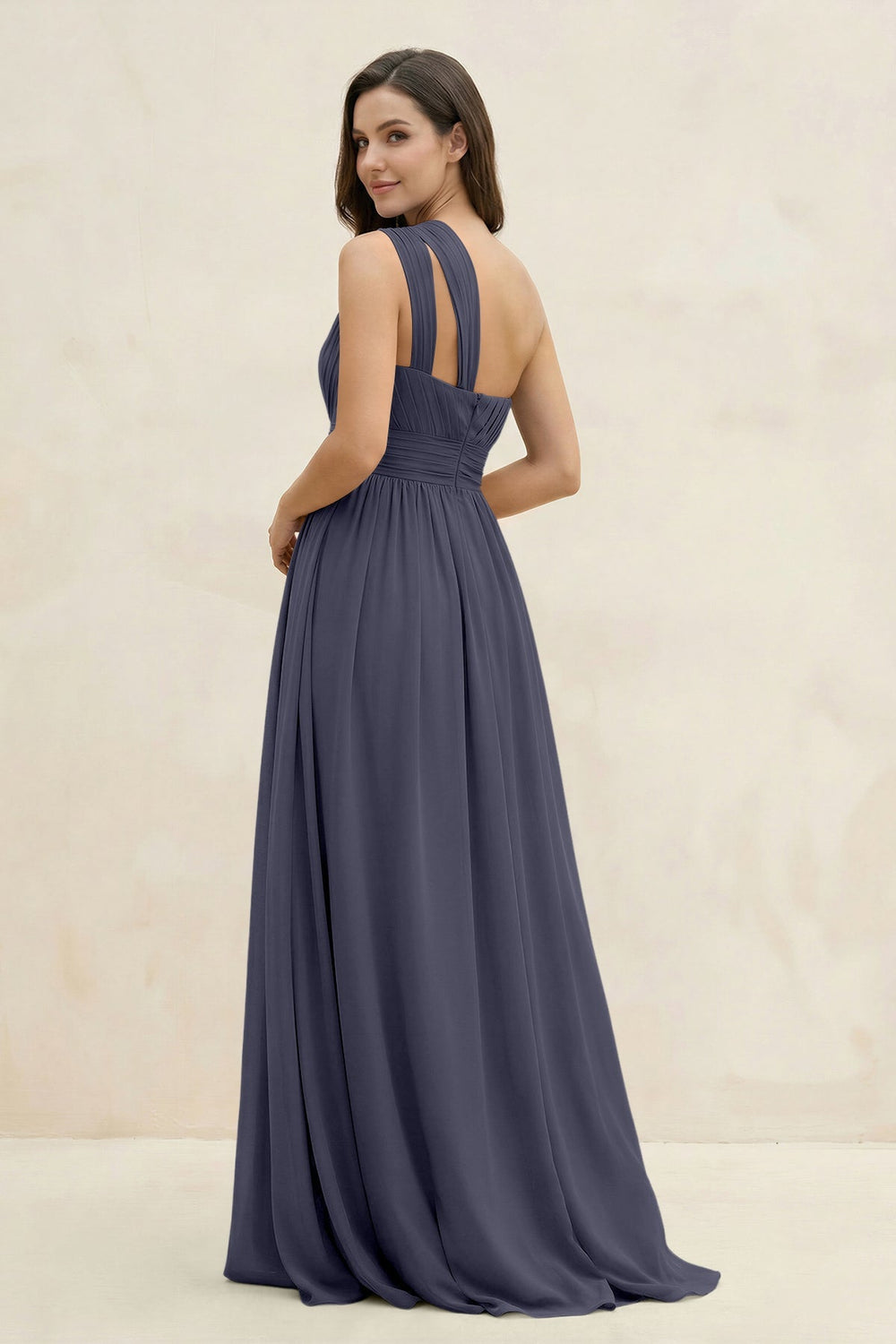 One - Shoulder Pleated A - Line Chiffon Bridesmaid Dress in Dusk Blue - KissProm Bridesmaid Dresses