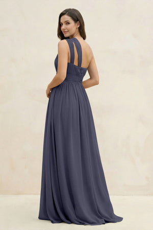 One - Shoulder Pleated A - Line Chiffon Bridesmaid Dress in Dusk Blue - KissProm Bridesmaid Dresses
