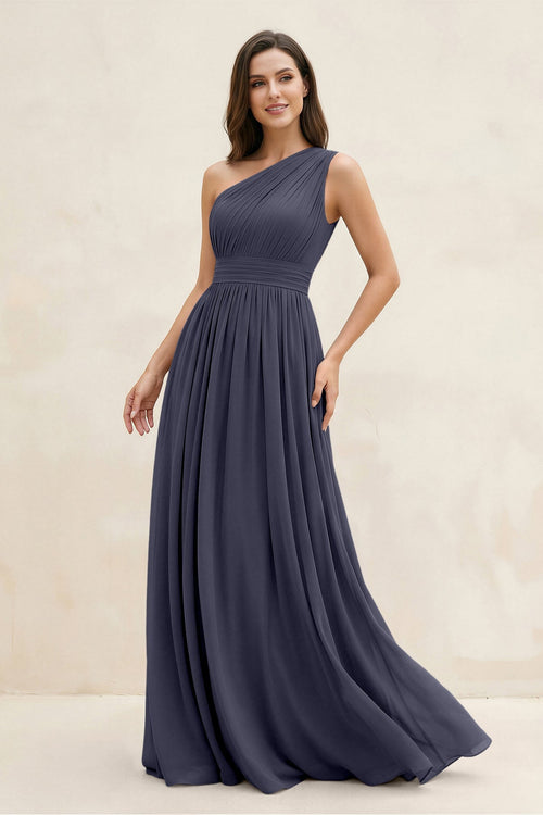 One-Shoulder Pleated A-Line Chiffon Bridesmaid Dress in Dusk Blue