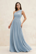 One - Shoulder Pleated A - Line Chiffon Bridesmaid Dress in Dusty Blue - KissProm Bridesmaid Dresses