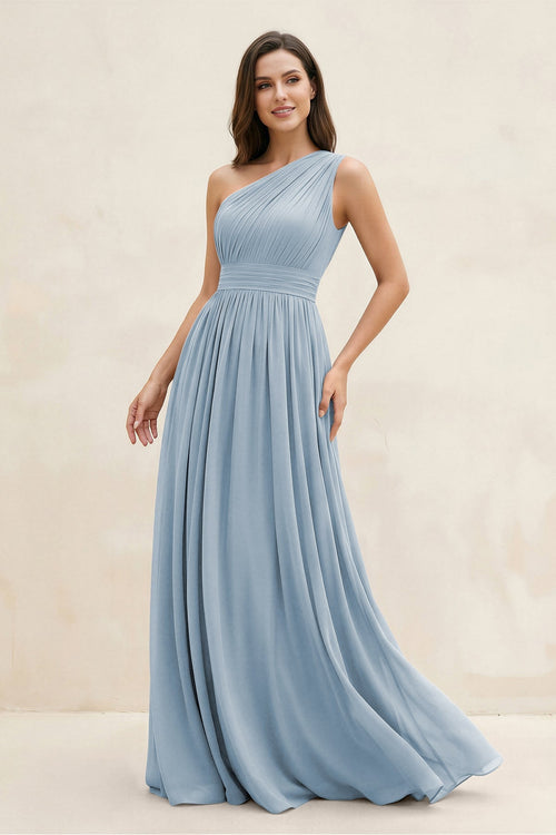 One - Shoulder Pleated A - Line Chiffon Bridesmaid Dress in Dusty Blue - KissProm Bridesmaid Dresses