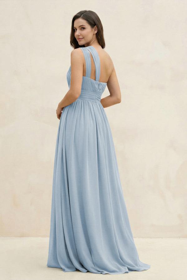 One - Shoulder Pleated A - Line Chiffon Bridesmaid Dress in Dusty Blue - KissProm Bridesmaid Dresses