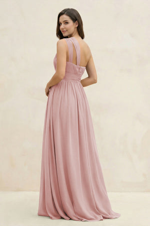 One - Shoulder Pleated A - Line Chiffon Bridesmaid Dress in Dusty Rose - KissProm Bridesmaid Dresses