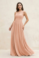 One - Shoulder Pleated A - Line Chiffon Bridesmaid Dress in English Rose - KissProm Bridesmaid Dresses