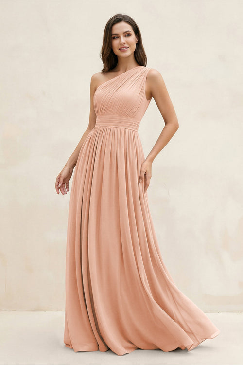One - Shoulder Pleated A - Line Chiffon Bridesmaid Dress in English Rose - KissProm Bridesmaid Dresses