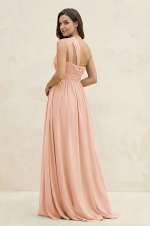 One - Shoulder Pleated A - Line Chiffon Bridesmaid Dress in English Rose - KissProm Bridesmaid Dresses