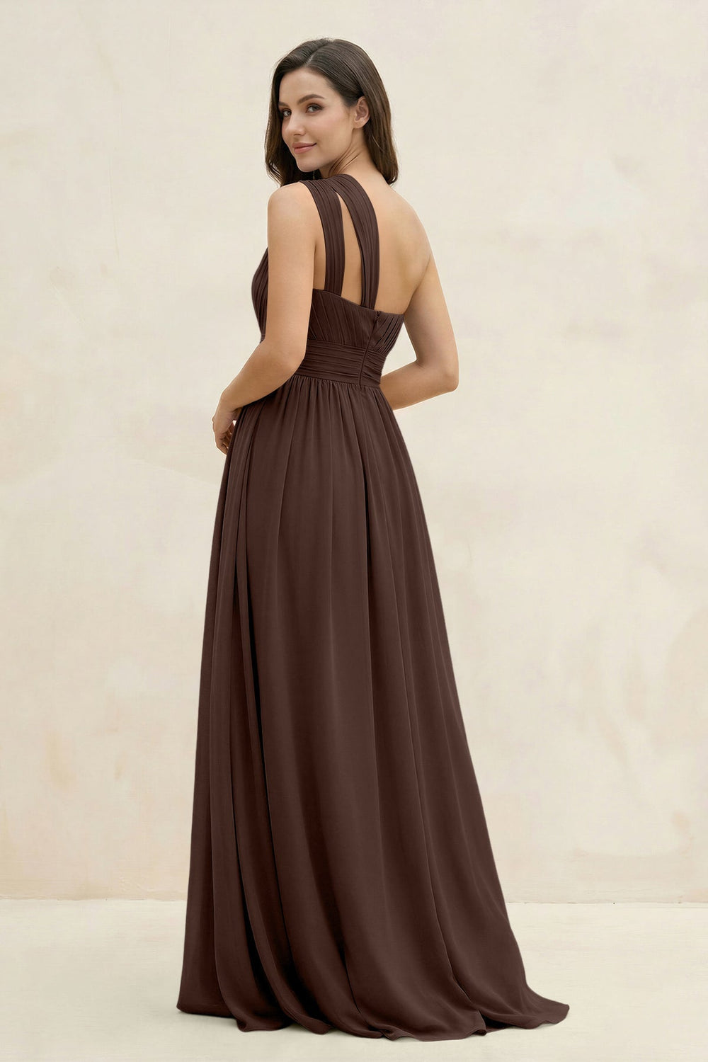 One - Shoulder Pleated A - Line Chiffon Bridesmaid Dress in Espresso - KissProm Bridesmaid Dresses