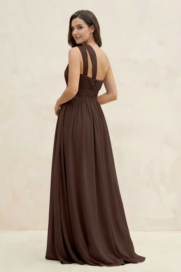 One - Shoulder Pleated A - Line Chiffon Bridesmaid Dress in Espresso - KissProm Bridesmaid Dresses