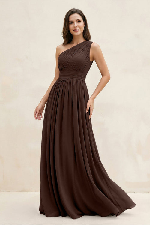 One-Shoulder Pleated A-Line Chiffon Bridesmaid Dress in Espresso