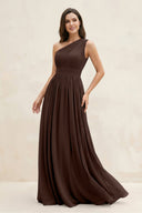 One - Shoulder Pleated A - Line Chiffon Bridesmaid Dress in Espresso - KissProm Bridesmaid Dresses